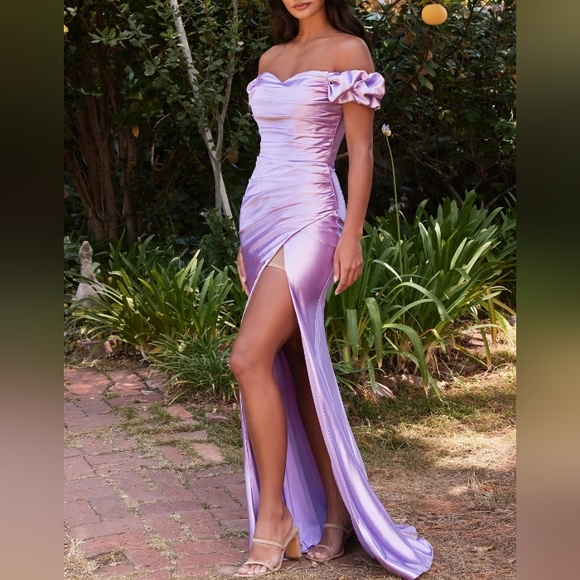 Plus size long off the shoulder blue, gold, red, emerald green fitted gown - Picture 7 of 10